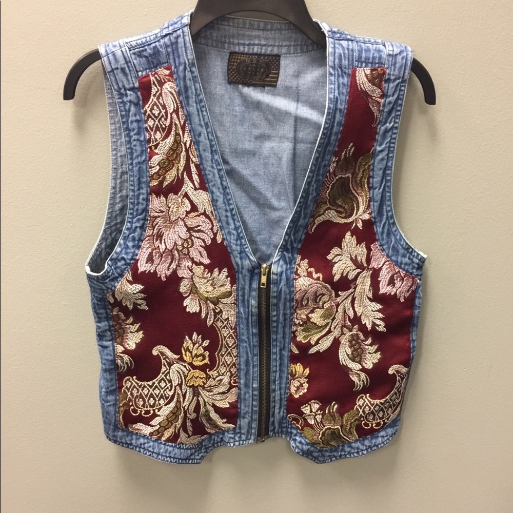 Vintage Boho Denim & Brocade Zip Up Vest